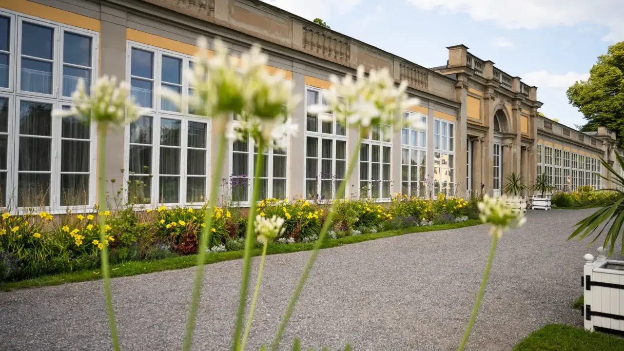 Vacker fasad med stora fönster på Ulriksdals slott, kantad av blommor och grönska.