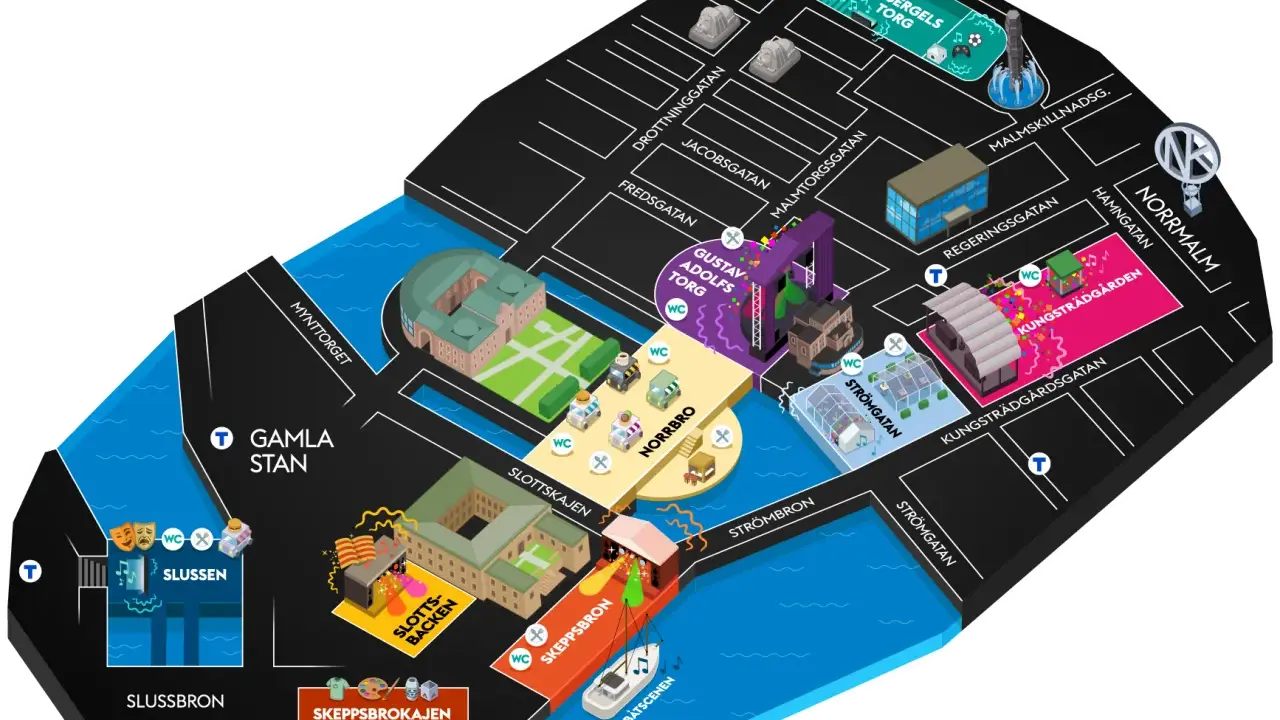 Karta över kulturfestivalen Stockholm med platser som Gamla Stan, Sergels Torg och Kungsträdgården.