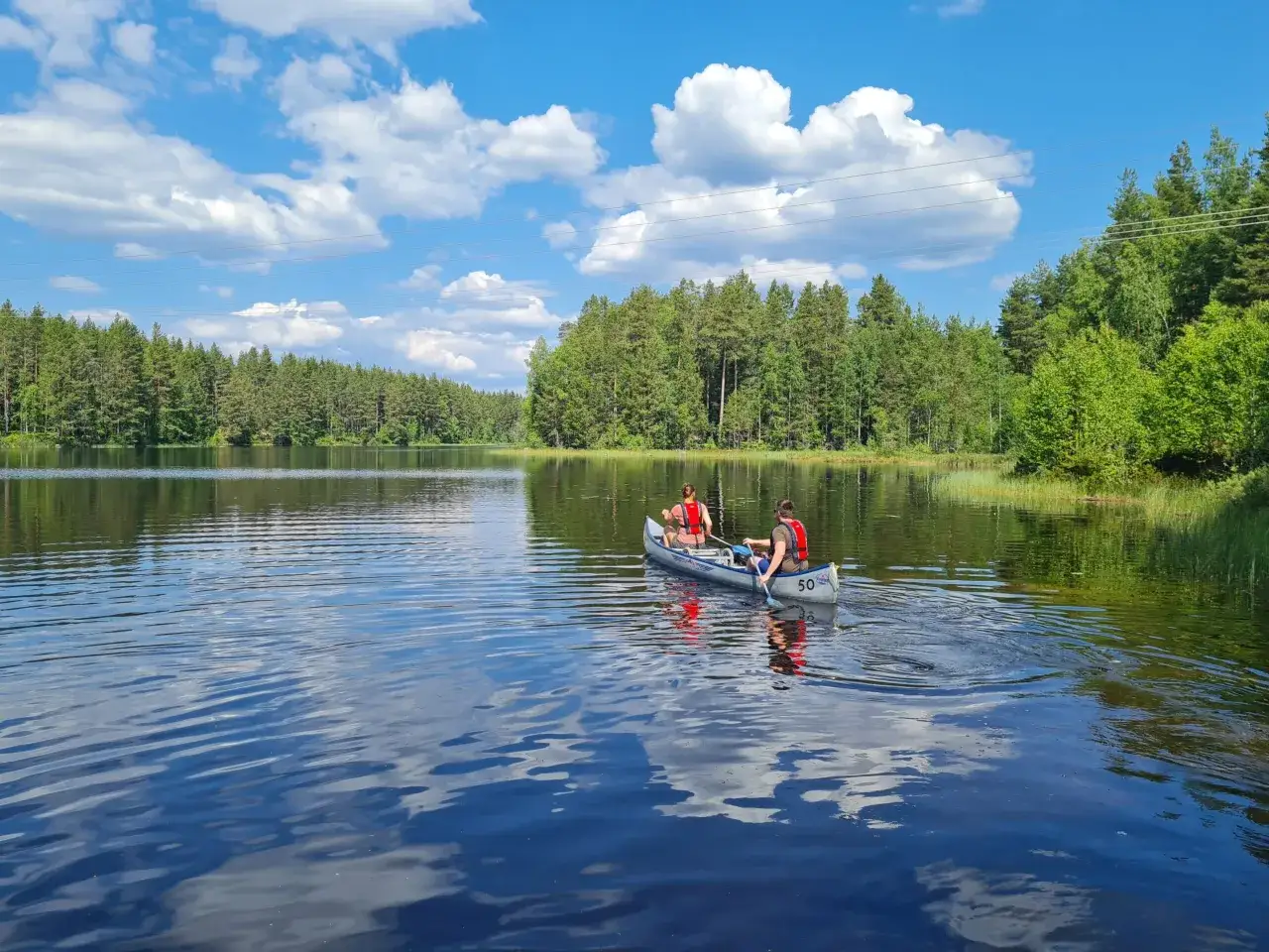 Två personer paddlar kanot på en lugn sjö, omgivna av en tät grön skog under en blå himmel med vita moln.