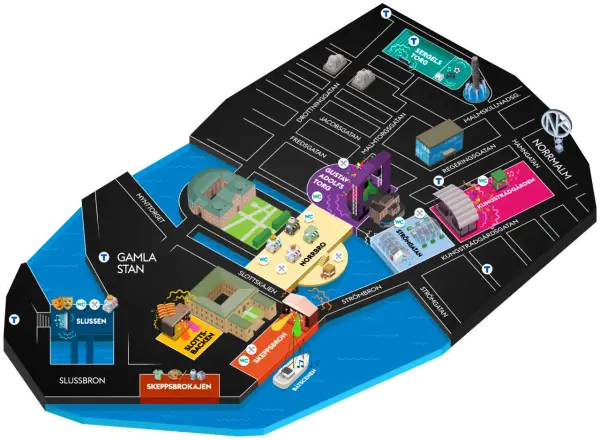 Karta över kulturfestivalen Stockholm med platser som Gamla Stan, Sergels Torg och Kungsträdgården.