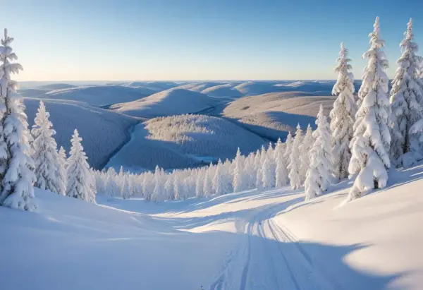 Snöklädda kullar och granar i solnedgången nära gruvberget i Boden. En skidspår leder genom det orörda vinterlandskapet.